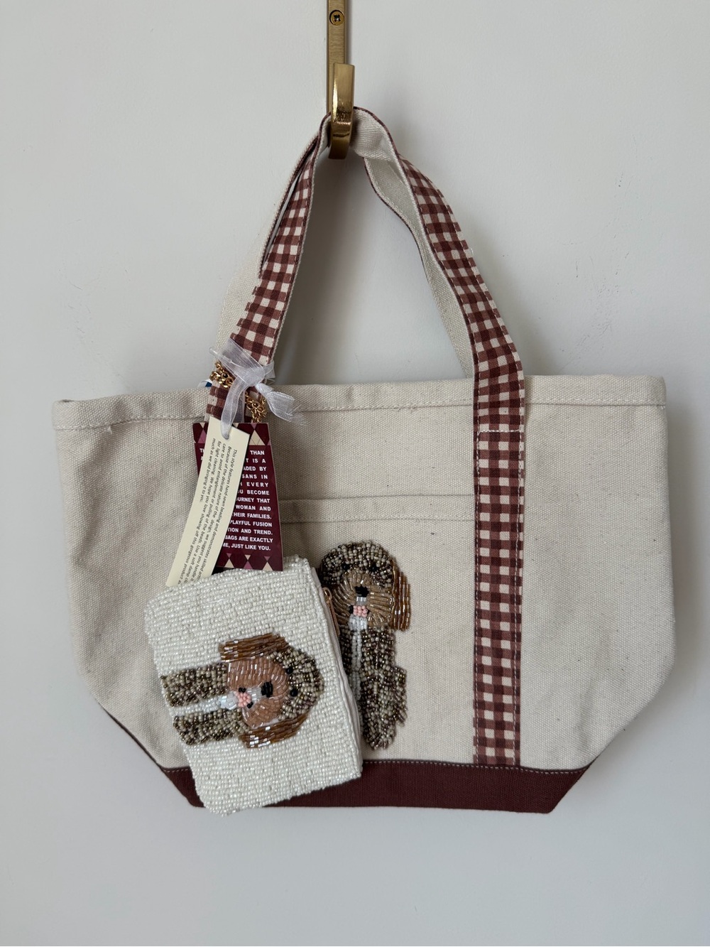 Viral Beaded brown dog gingham trim canvas mini tote bag with beaded wallet